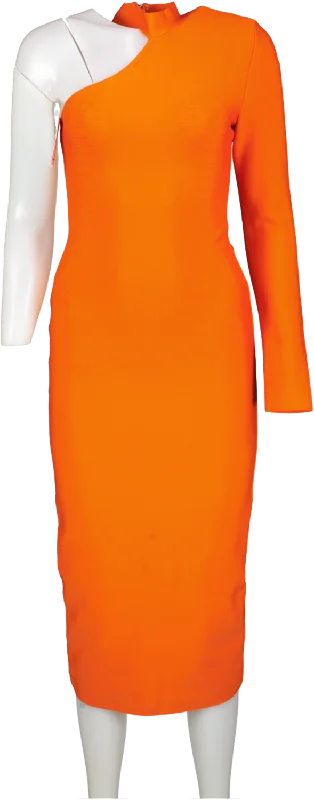 ladies-bodycon-dress-red-rush-River Island Orange One Shoulder Bodycon Midi Dress UK 8