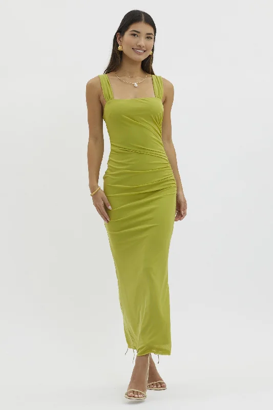 ladies-maxi-dress-classic-charm-Light Olive Ruched Maxi Dress