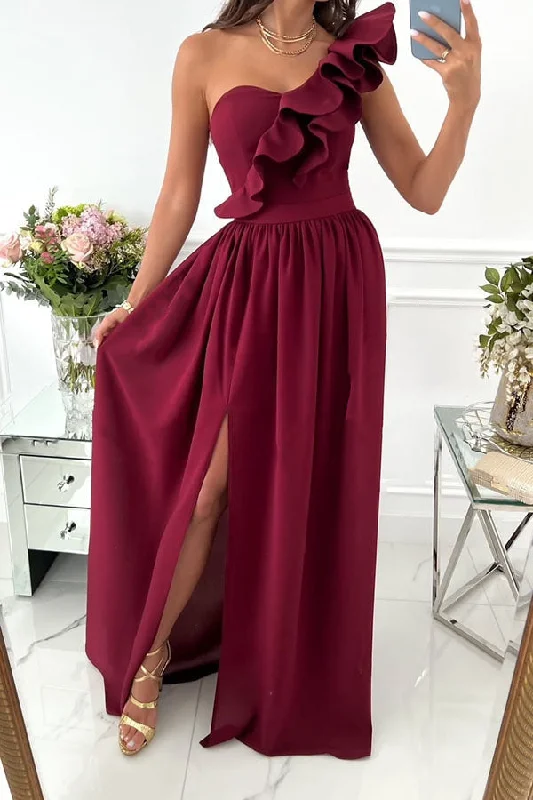 Women's party dress tame chic -Darling Muse Ruffle One Shoulder Party Maxi Dress