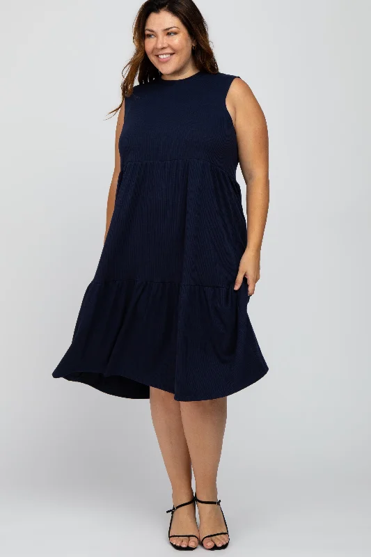 Women's midi dress hush flair -Navy Ribbed Sleeveless Plus Midi Dress