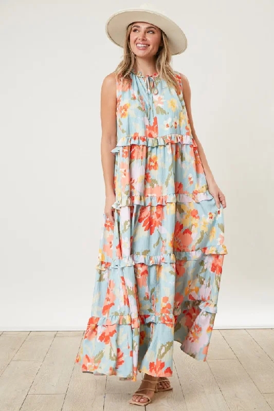 ladies-maxi-dress-bell-sleeve-bloom-Light Blue Floral Sleeveless Ruffle Tiered Maxi Dress