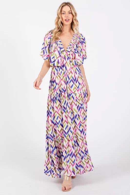 ladies-maxi-dress-prom-poise-Multicolor Printed Deep V-Neck Tiered Maxi Dress