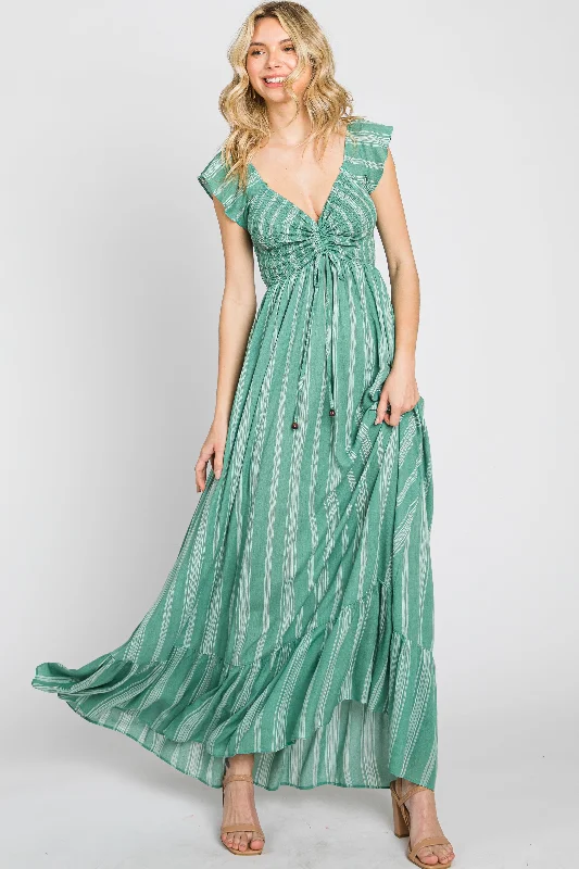 ladies-maxi-dress-shimmer-sunset-Green Striped Off Shoulder Front Tie Maxi Dress