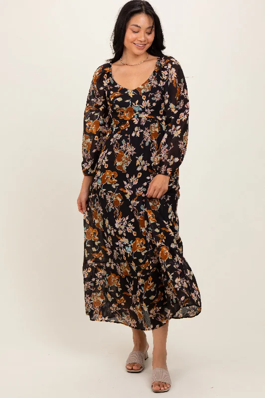 Women's midi dress arc pop -Black Floral V-Neck Long Sleeve Midi Dress