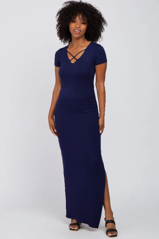 ladies-maxi-dress-tassel-twist-Navy Cross Front Ruched Maxi Dress