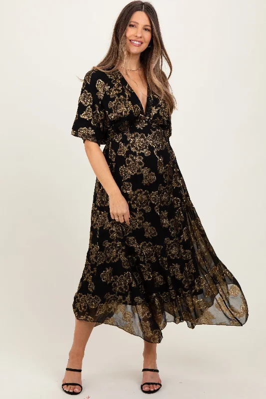 ladies-maxi-dress-wedding-wisp-Black Metallic Floral Jacquard Overlay Maternity Maxi Dress