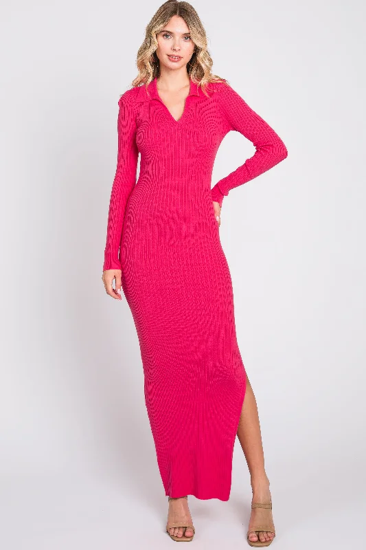 ladies-maxi-dress-cobalt-calm-Pink Rib Knit Collared Maxi Dress