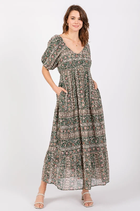 ladies-maxi-dress-glitter-glow-Forest Green V-Neck 3/4 Sleeve Maxi Dress