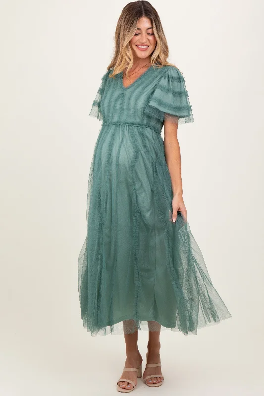 ladies-maxi-dress-90s-nimbus-Teal Ruffle Accent Mesh Overlay Maternity Maxi Dress