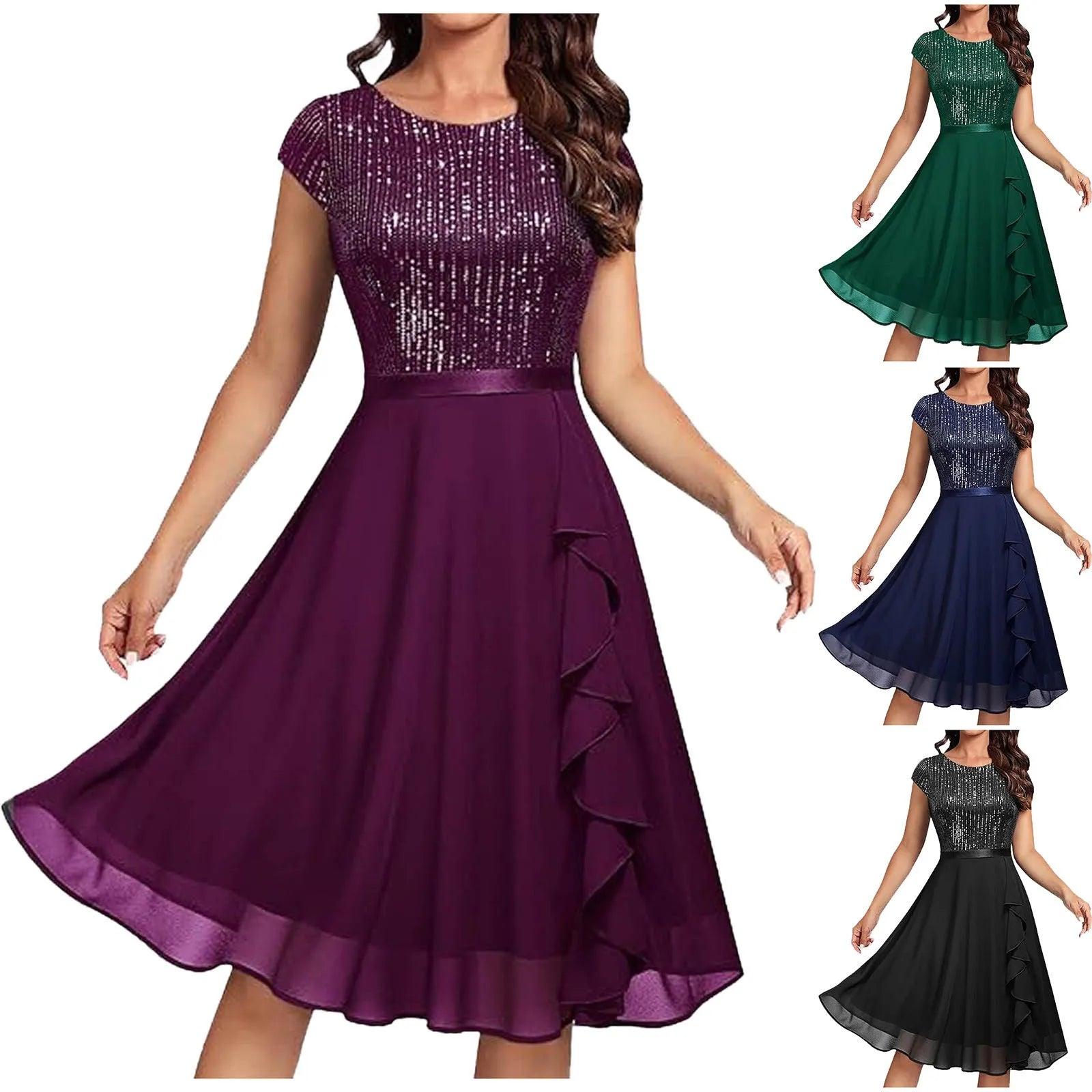 Women's party dress craft pop -Elegant Ladies Sequin Chiffon Dress Fashion Short Sleeve O-Neck Solid Color Dress For Women All Season Formal Evening Party Gown