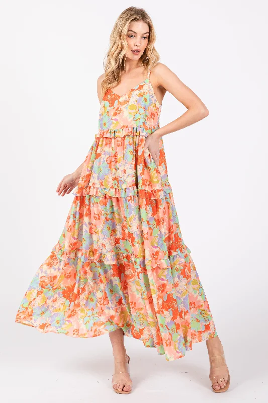 Women's midi dress loop glow -Multi-Color Floral Ruffle Tiered Sleeveless Midi Dress