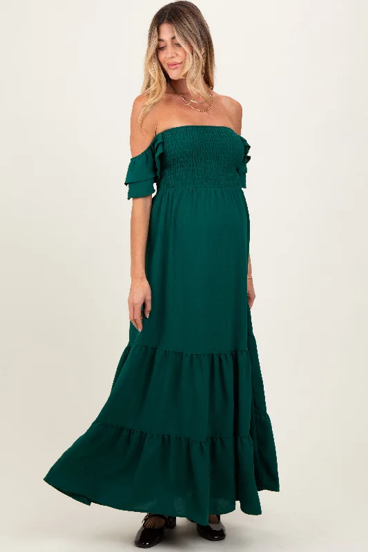 ladies-maxi-dress-sweetheart-silk-Hunter Green Smocked Ruffle Off Shoulder Tiered Maternity Maxi Dress