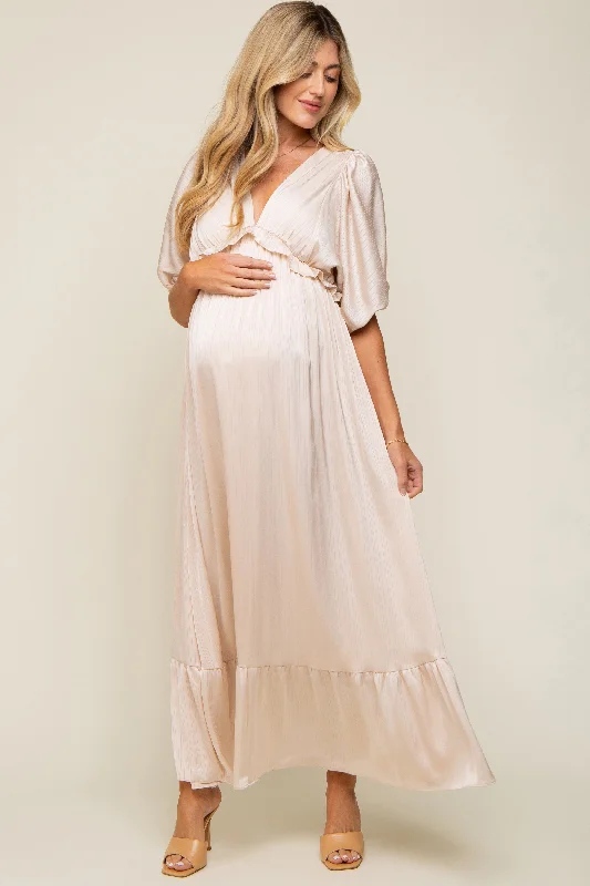 ladies-maxi-dress-claret-charm-Beige Striped Ruffle Accent Maternity Maxi Dress