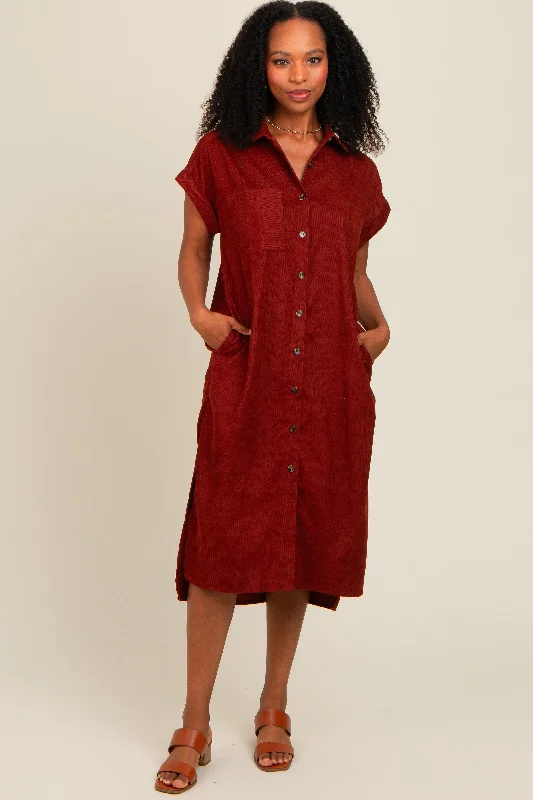 Women's midi dress bloom pop -Rust Corduroy Button Down Midi Dress