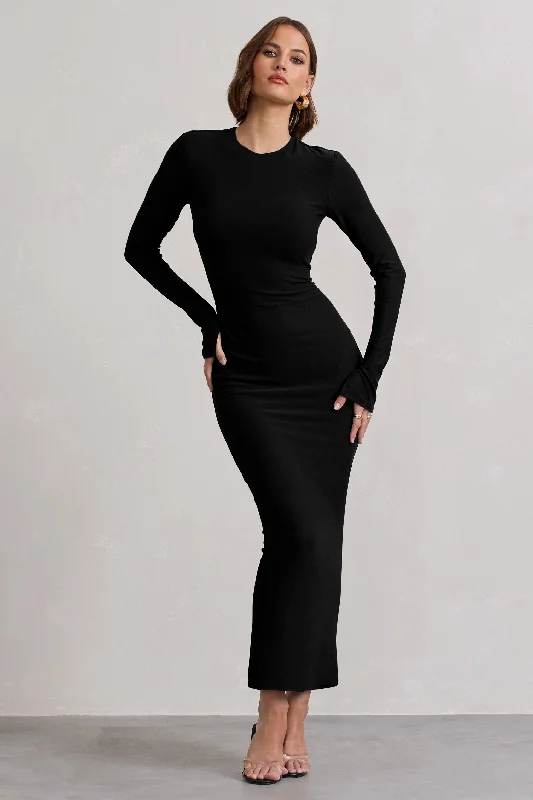 ladies-bodycon-dress-mint-moxie-Wonder | Black Bodycon Long-Sleeve Maxi Dress