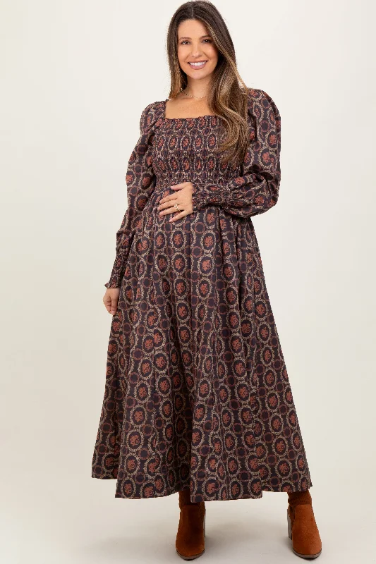 ladies-maxi-dress-draped-dawn-Brown Smocked Printed Square Neck Maternity Maxi Dress