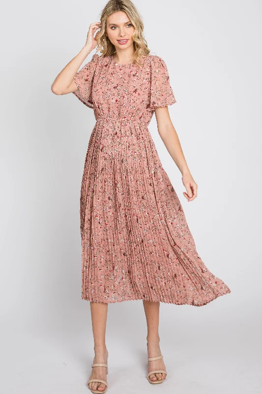 Women's midi dress calm pop -Light Pink Floral Pleated Short Sleeve Chiffon Midi Dress