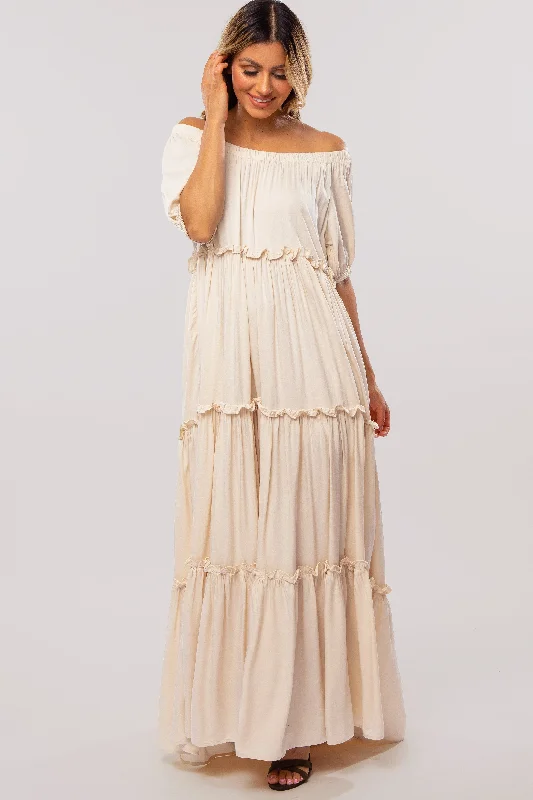 ladies-maxi-dress-bright-bloom-Cream Off Shoulder Ruffle Tiered Maxi Dress