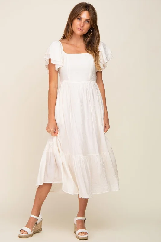 Women's midi dress max pop -Cream Flutter Sleeve Midi Dress