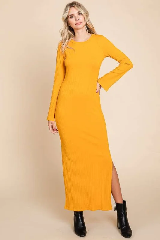 ladies-maxi-dress-low-cut-luster-Yellow Ribbed Side Slit Maxi Dress