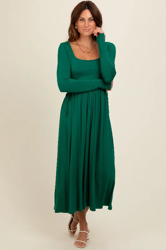 Women's midi dress quiz flair -Forest Green Square Neck Long Sleeve Midi Dress