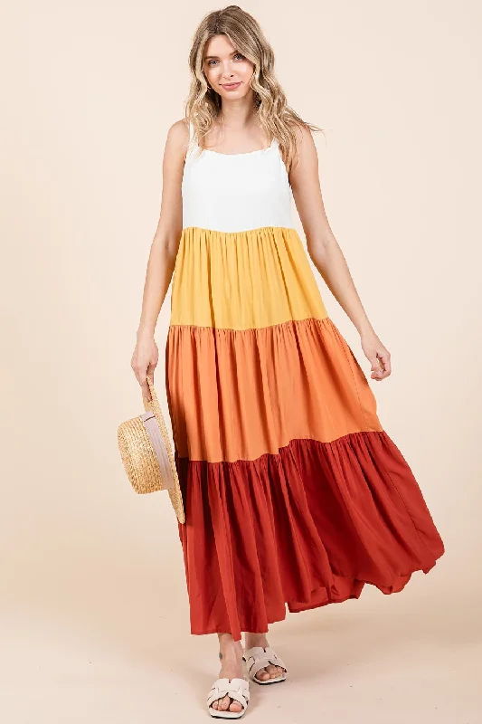 ladies-maxi-dress-wine-whisper-Orange Tiered Colorblock Maxi Dress