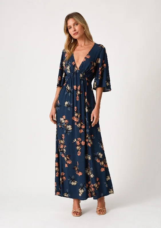 ladies-maxi-dress-fitted-fawn-Dark Teal Floral Deep V-Neck Short Sleeve Front Slit Maxi Dress