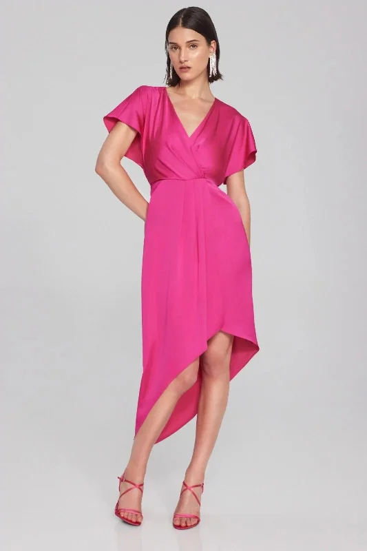 Women's midi dress snag pop -Joseph Ribkoff Shocking Pink Faux Wrap Hi-Low Asymmetric Midi Dress 241777