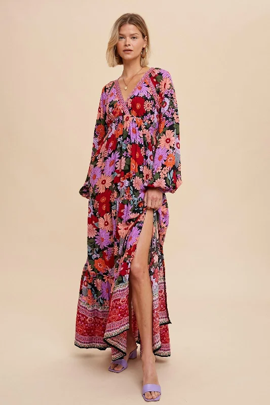 ladies-maxi-dress-pearl-petal-Black Floral Long Sleeve Tiered Maxi Dress