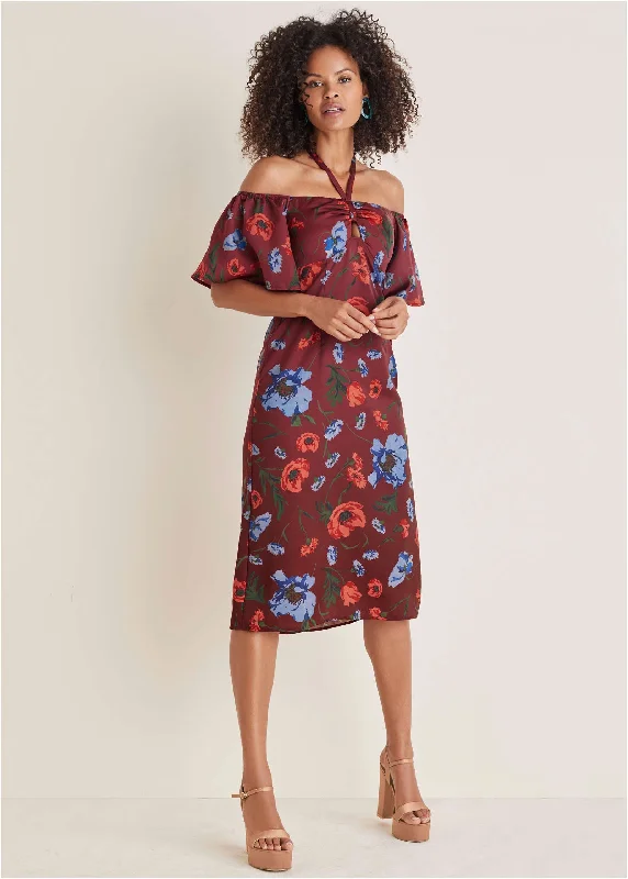 Women's midi dress glam flair -Flutter Sleeve Midi Dress - Forest Floral