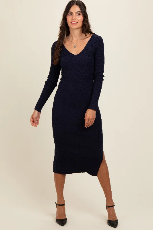 Women's midi dress void pop -Navy Ribbed Knit Side Slit Midi Dress