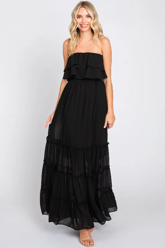 ladies-maxi-dress-party-petal-Black Chiffon Strapless Ruffle Tiered Maxi Dress