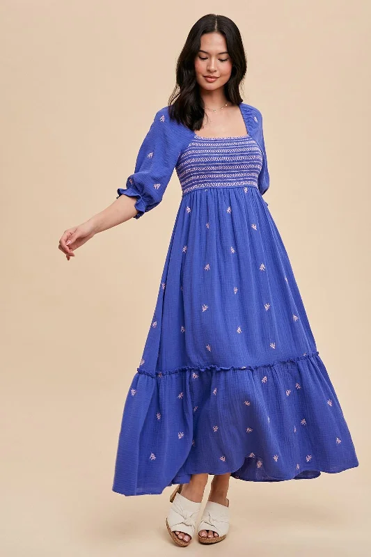 Women's midi dress path pop -Royal Blue Gauze Smocked Embroidered Square Neck Midi Dress