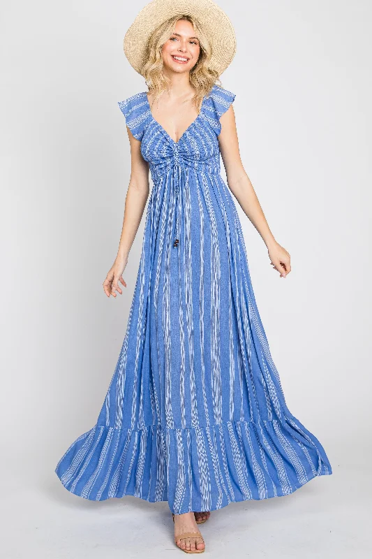 ladies-maxi-dress-sepia-sweep-Blue Striped Off Shoulder Front Tie Maxi Dress