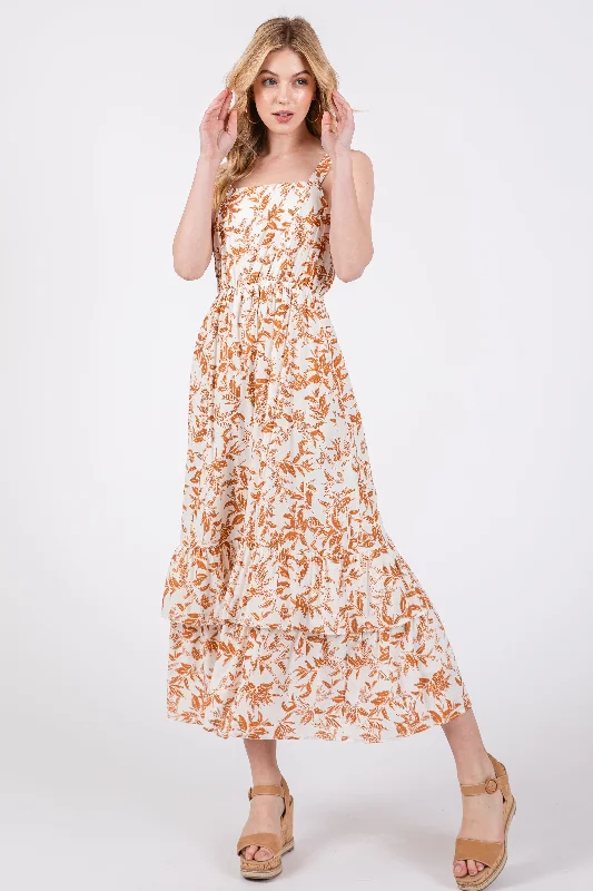 ladies-maxi-dress-celeb-chic-Camel Floral Sleeveless Ruffle Hem Maxi Dress