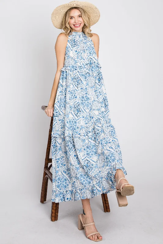 ladies-maxi-dress-minimal-mirth-Blue Floral Paisley Print Tiered Maxi Dress