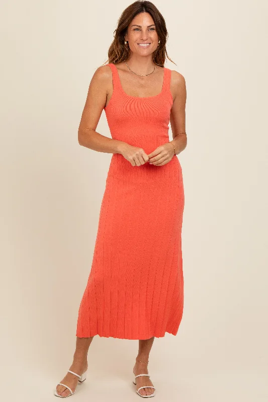 Women's midi dress dim flair -Orange Knit Ribbed Fitted Midi Dress