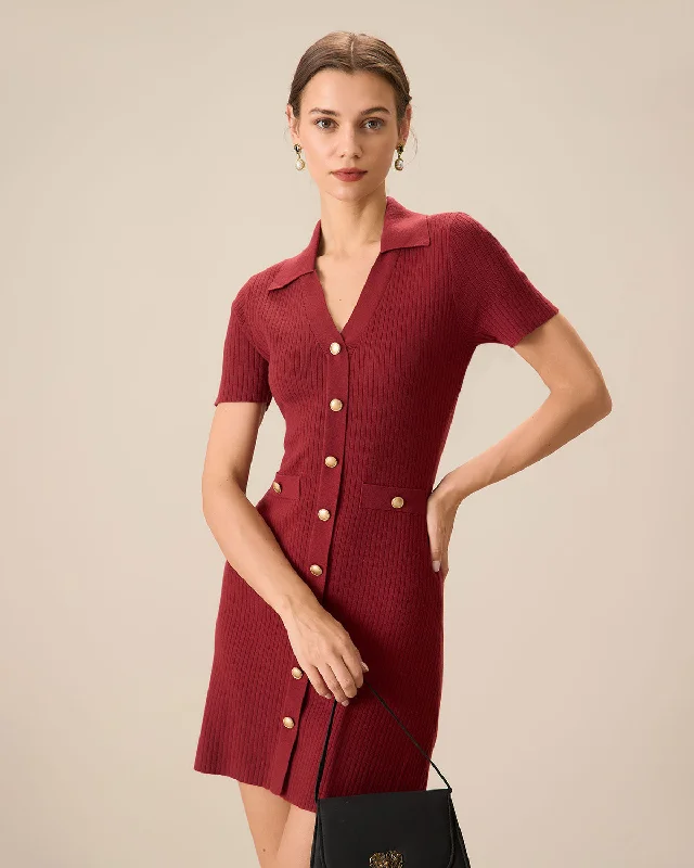 ladies-bodycon-dress-autumn-edge-Women's Red V-Neck Bodycon Sweater Dress | Wine Red