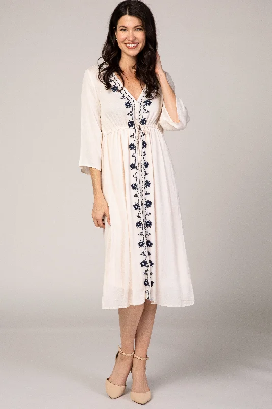 Women's midi dress quiz flair -Beige Floral Embroidered 3/4 Sleeve Midi Dress