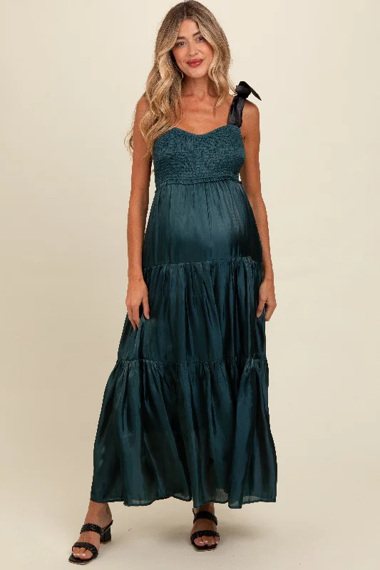 ladies-maxi-dress-beaded-breeze-Teal Tiered Satin Tie-Strap Maternity Maxi Dress