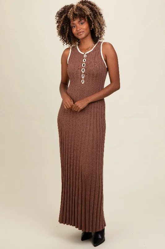 ladies-maxi-dress-maternity-muse-Brown Ribbed Knit Button Detail Sleeveless Maxi Dress