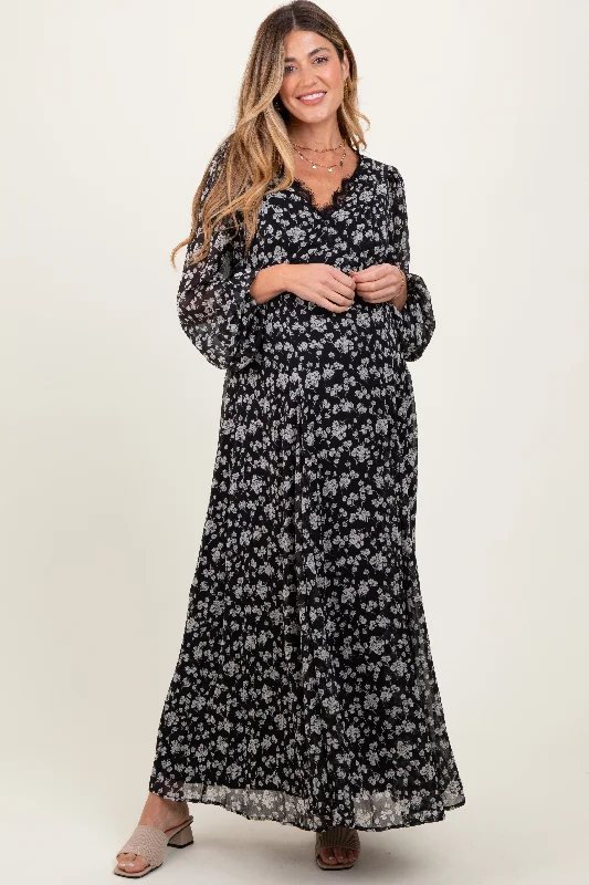 ladies-maxi-dress-shimmer-sunset-Black Floral Chiffon Lace Trim Back Tie Maternity Maxi Dress