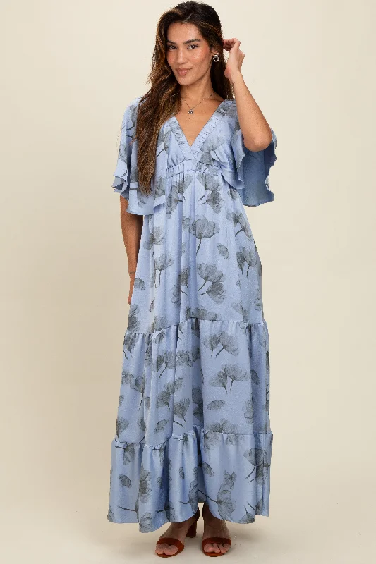 ladies-maxi-dress-cream-charm-Light Blue Floral Deep V-Neck Maxi Dress