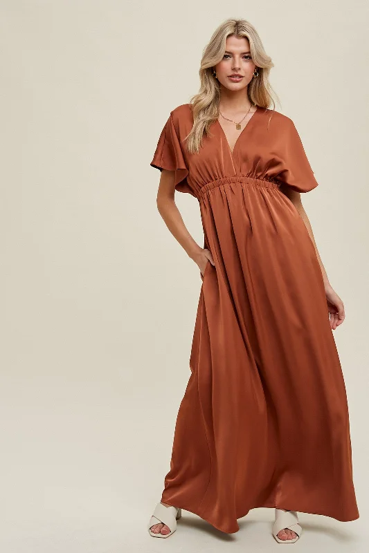 ladies-maxi-dress-flirty-fawn-Rust Satin V-Neck Flutter Short Sleeve Maxi Dress