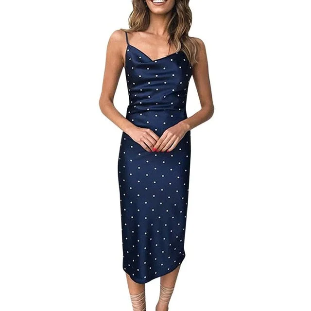 Women's party dress link flair -Satin Spaghetti Strap Party Dress - Blue polkadot