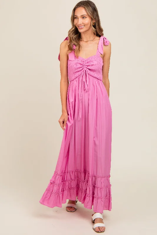 ladies-maxi-dress-viral-vibe-Pink Sweetheart Neck Smocked Shoulder Tie Maxi Dress