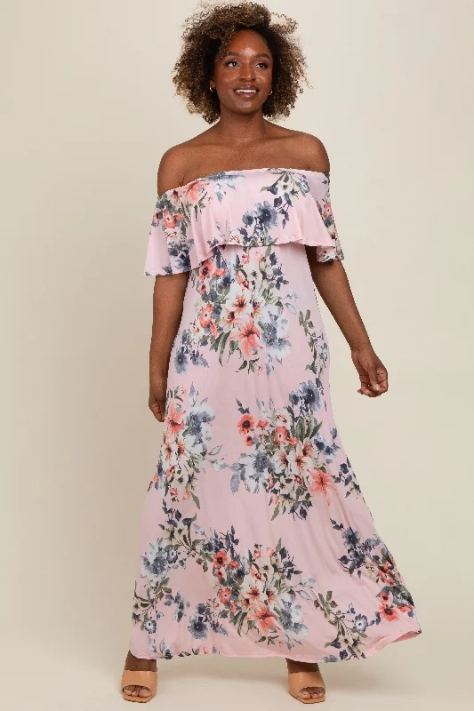 ladies-maxi-dress-luxe-lush-Pink Off Shoulder Floral Ruffle Maxi Dress