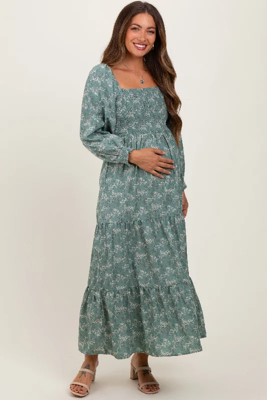 ladies-maxi-dress-pearl-petal-Light Olive Floral Smocked Square Neck Maternity Maxi Dress