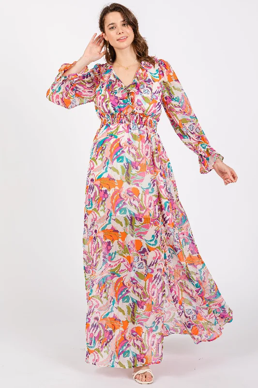 ladies-maxi-dress-slit-sunset-Pink Print Ruffle Long Sleeve Maxi Dress