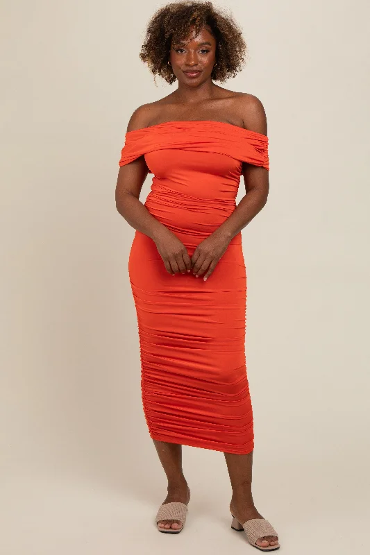 Women's midi dress dim flair -Orange Off Shoulder Ruched Midi Dress